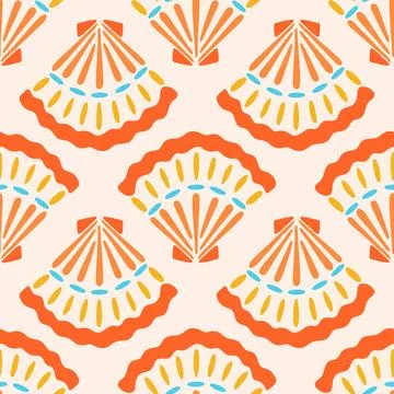Cute seashell vector seamless pattern. Bright marine repeat surface design with Stock Illustration