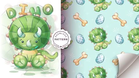 Cute seat dino - seamless pattern Stock Illustration