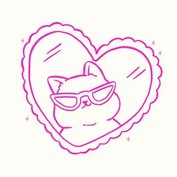 Cute Self Confidence Cat Outline Self love Kitten looking in Mirror Cartoon.. Stock Illustration