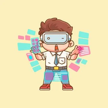 Cute senior high school boy interact virtual reality glasses vr chibi kawai Stock Illustration