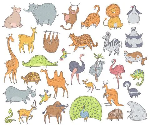 Cute set animals. Vector cartoon doodle characters illustration on white Illustrazione stock