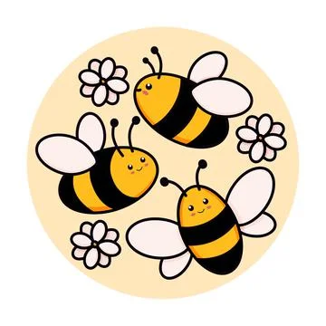 Cute set of bees in a round frame vector illustration in doodle style. Colorful Illustrazione stock