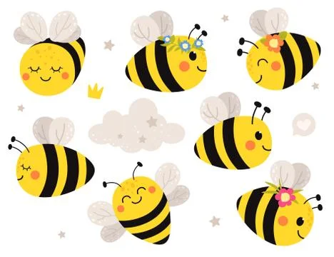 Cute set with bees. Vector isolates on a white background in cartoon flat style. Stock Illustration