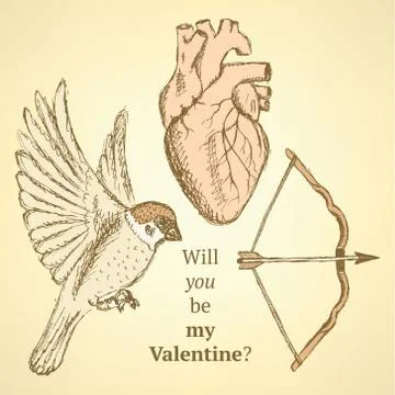 Cute set with bird, bow and heart Stock Illustration