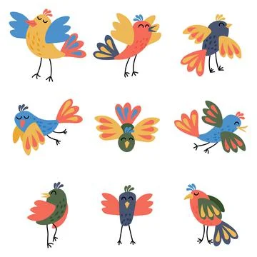 Cute set of birds in different poses in flat style. Stock Illustration