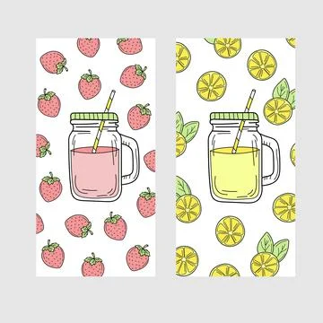 Cute set of bright summer cards with drinks. Lemon and strawberry Stock Illustration