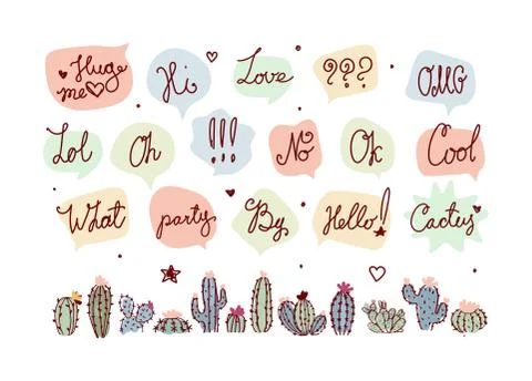 A cute set of cacti and speech bubbles with different words. Tender retro Stock Illustration
