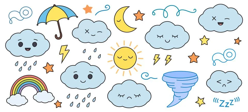 A cute set of cartoon clouds, rain, and weather. Stock Illustration