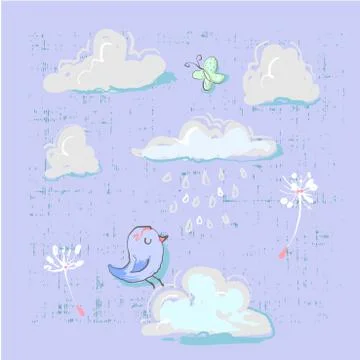 Cute set of clouds with bird and buterfly dandelion childish style on grunge Stock Illustration