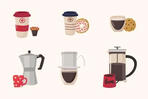 Cute Set of coffee drinks with desserts. Hand-drawn coffee illustrations for Stock Illustration