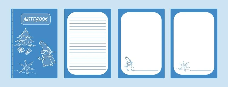 Cute Set covers blue notebook, line art. Christmas tree, snowflake, gifts, sn Stock Illustration