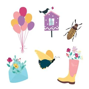 Cute set of design elements. Envelope with flowers, birdhouse and rubber boot Stock Illustration
