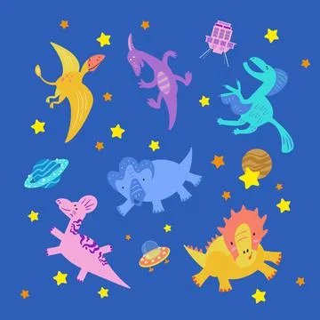 Cute set of dinosaurs in space hand drawn vector color characters. Dino Flat Illustrazione stock