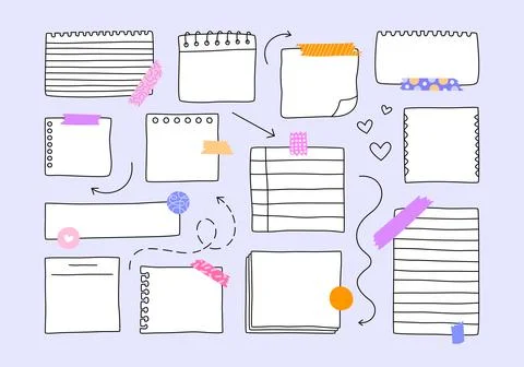 Cute set of doodle paper sheet, note papers, stickers and symbols. Stock Illustration