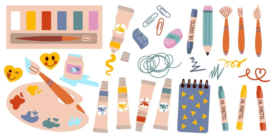 Cute set of drawing tools, hand drawn. Art supplies tubes of paint, brushes.. Stock Illustration