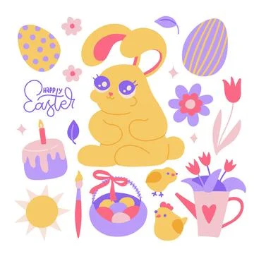 Cute set of Easter elements with rabbit, eggs, flowers, chick. Vector flat hand イラスト素材
