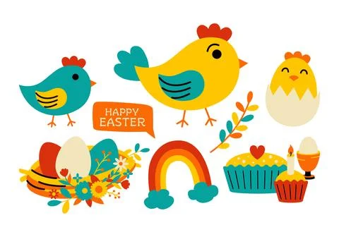 Cute set of Easter stickers and illustrations in flat style Stock Illustration