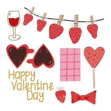 Cute set of elements for Valentine's Day,strawberry ,wine glass ,heart shap.. Ilustração Stock