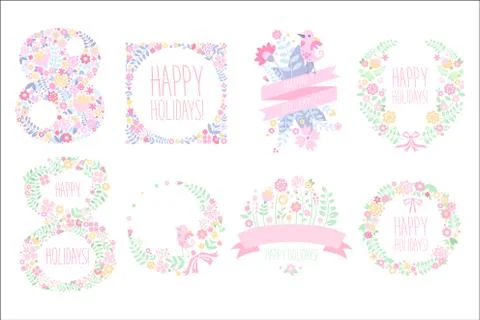 Cute set with floral elements in gentle colors. 8 March. International women s Illustrazione stock