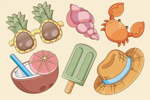 Cute set food and objects for summer beach picnic Stock Illustration