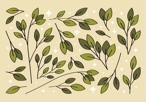 Cute set of hand drawn branches and leaves of bushes and trees. Stock Illustration