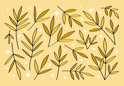 Cute set of hand drawn branches and leaves of bushes and trees. Stock Illustration