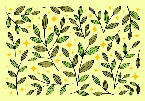 Cute set of hand drawn branches and leaves of bushes and trees. Stock Illustration
