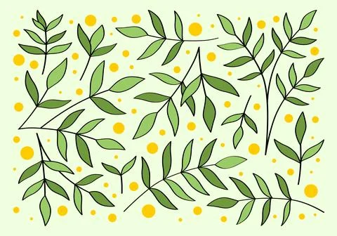 Cute set of hand drawn branches and leaves of bushes and trees Stock Illustration