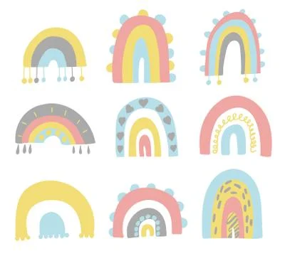 Cute set of hand drawn rainbows. Baby trendy vector. Stock Illustration