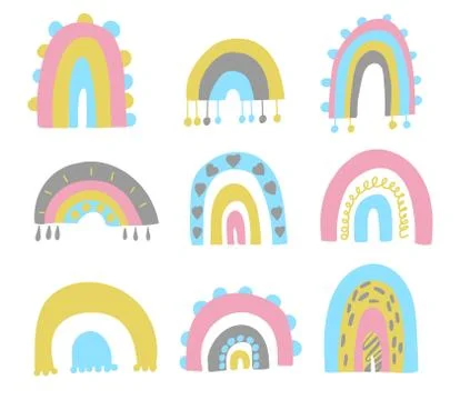 Cute set of hand drawn rainbows. Baby trendy vector. Stock Illustration