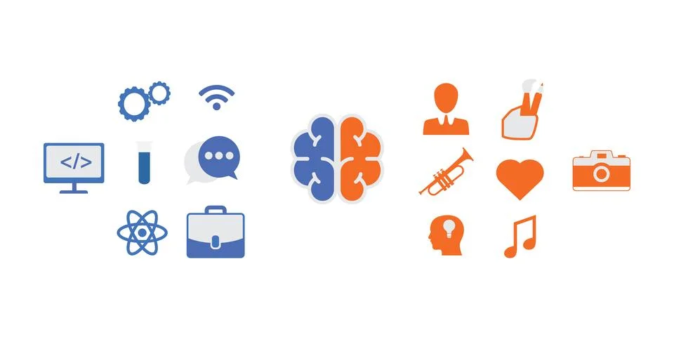 A cute set of illustrations about the human brain, art, and educational growth. Stock Illustration