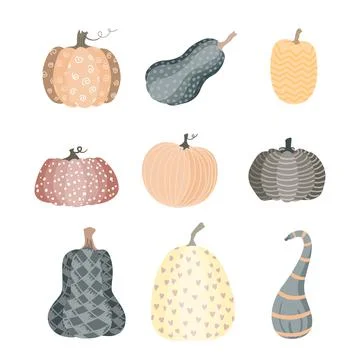 Cute set of isolated pumpkins with doodle ornament. Flat vector illustartion Stock Illustration