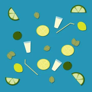 A cute set of lemons, limes, mint leaves, cocktail straws, a glass of lemonad Stock Illustration