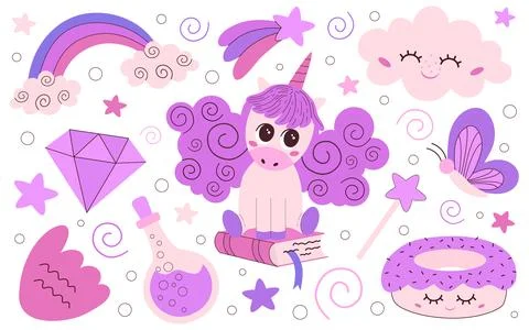 Cute set of magic elements and characters, magic unicorn with horn, kawaii .. Illustrazione stock