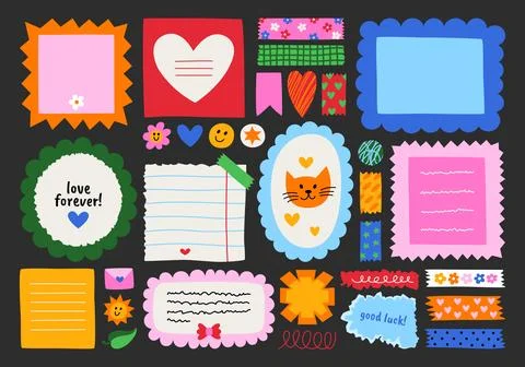 Cute set of notes, stickers, paper forms with space for text. Stock Illustration