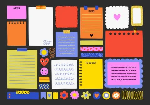 Cute set of notes, stickers, paper forms with space for text. Stock Illustration