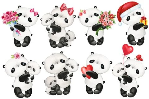 Cute set panda bear hand drawn watercolor on white isolated background. Hand Stock Illustration