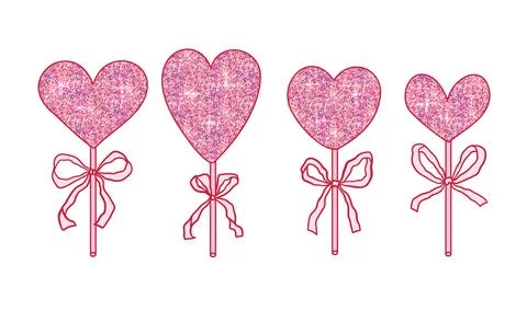 Cute set of pink heart shaped lollipops with glitter sparkling texture. Vector Stock Illustration