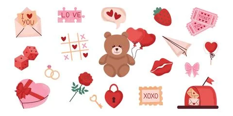 Cute set of romantic elements. Adorable Valentine's Day Illustrations with .. Stock Illustration
