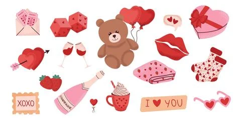 Cute set of romantic elements. Adorable Valentine's Day Illustrations with .. Stock Illustration