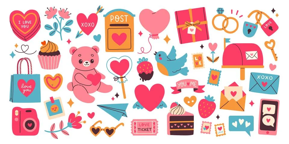 Cute set of romantic elements for Valentines day. Vector illustrations for Stock Illustration