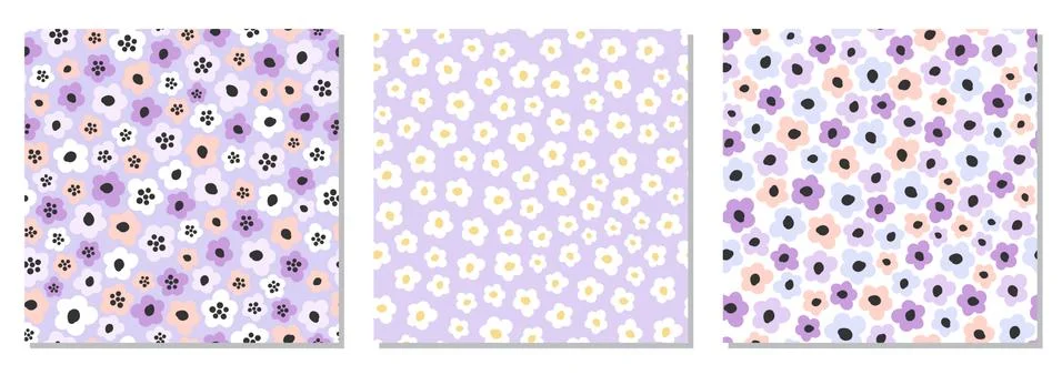 Cute set of seamless pattern with primitive naive art flowers in 70s style Stock Illustration