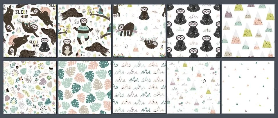 Cute set of sloths seamless patterns Stock Illustration