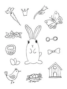 Cute set of spring cliparts, easter elements. Black and white spring doodle set 스톡 일러스트