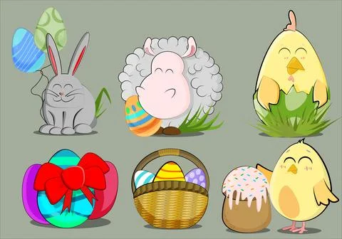 Cute set of stickers for easter celebration with cute little animals Stock Illustration