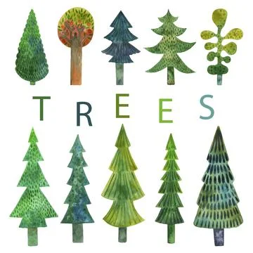 Cute set of trees in children style spruce, pine Stock Illustration