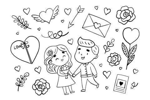 Cute set of Valentine's day doodle elements isolated on white background. S.. Stock Illustration