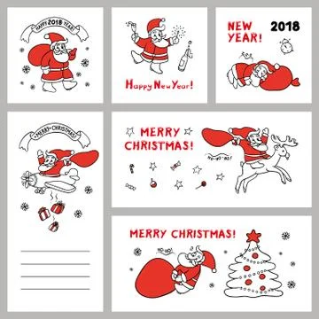 Cute set vector sketch illustration of funny Santa Claus in different situations Stock Illustration