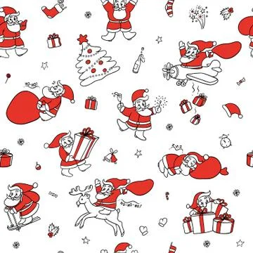 Cute set vector sketch seamless pattern of funny Santa Claus in different Stock Illustration