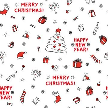 Cute set vector sketch seamless pattern of different xmas objects. Design Stock Illustration